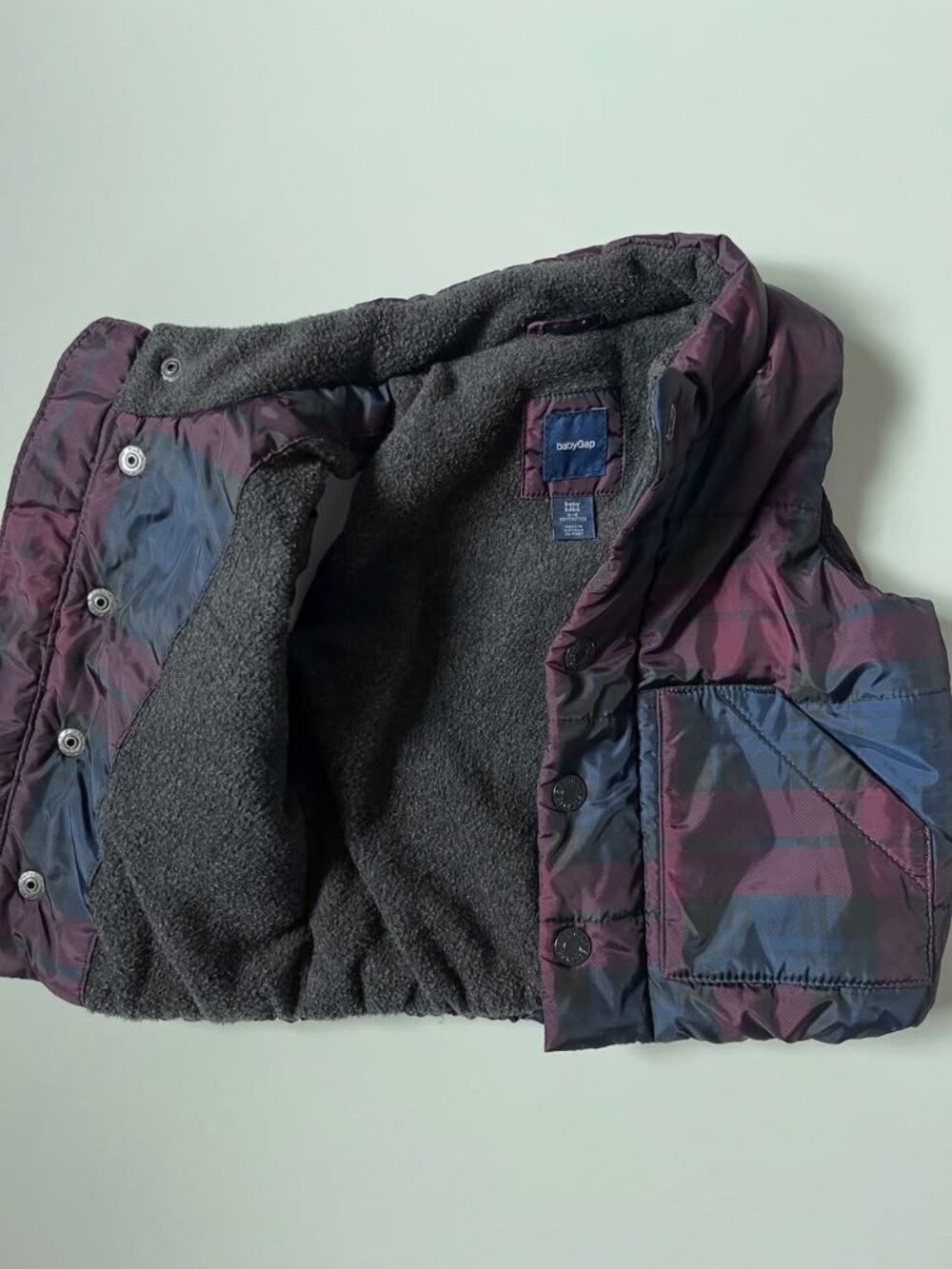 Baby unisex, size 6-12 months, GAP, Lined Puffer Vest, Burgundy/Navy Plaid